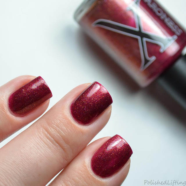 red shimmer nail polish swatch