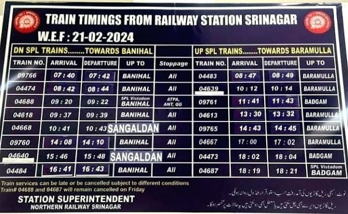 Train Timing Kashmir 2024, Train Time Table kashmir 2024 & Railway Timings For Kashmir