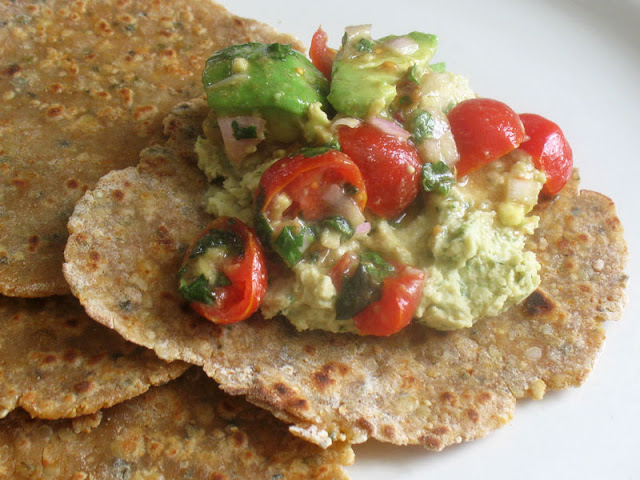 Lima Bean Hummus with Quinoa Flatbreads and Salsa