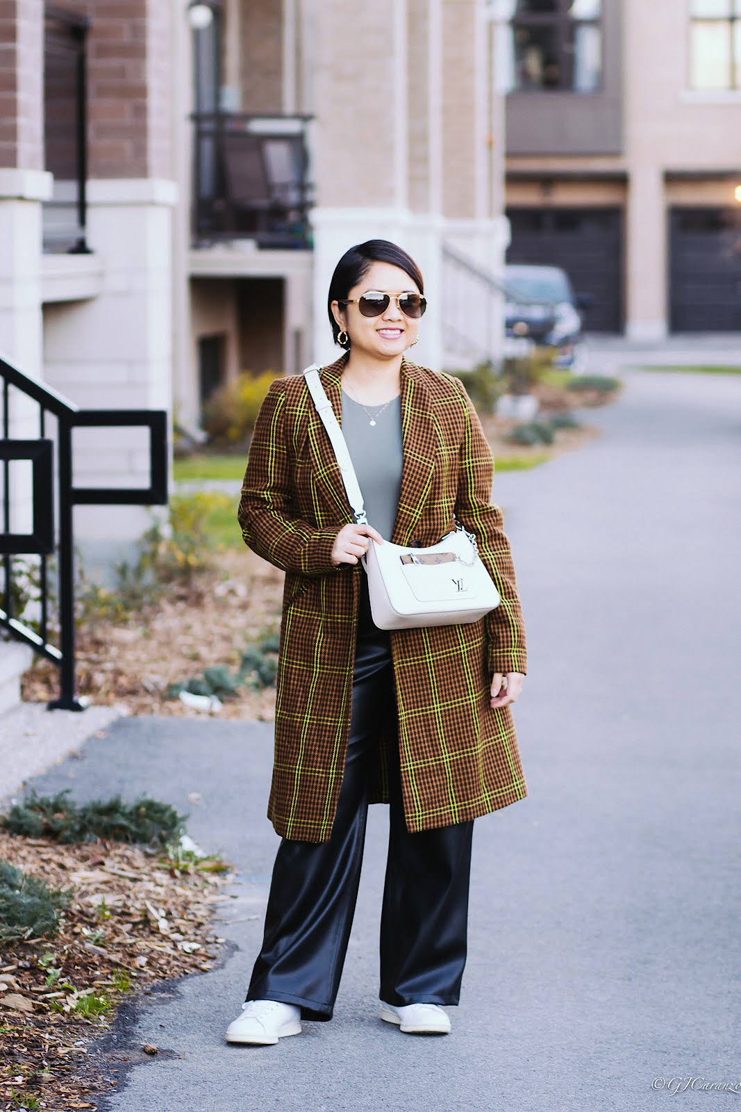 Stradivarius Plaid Coat | Zara Wide Leg Leather Pants | Louis Vuitton Marelle in Epi Leather | Zara Bodysuit | Adidas Stan Smith | RayBan Sunglasses | Fall Fashion | Petite Outfit Ideas