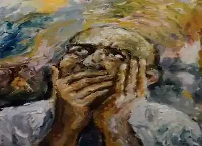 لوحة فنية تشكيلية لرجل يضع يديه على فمه ليكتم صرخة ألم أو فزع