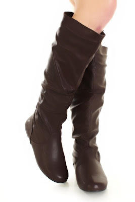 Brown Faux Soft Leather Ruched Calf High Causal Boots 