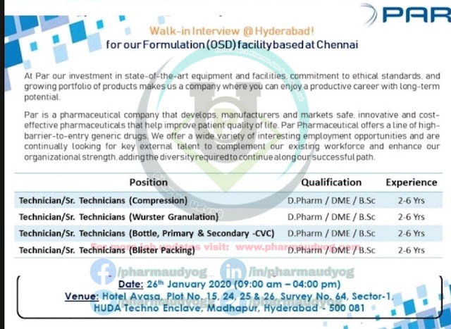 PAR formulation | Walk-in Production/Packing on 26 Jan 2020 | Pharma Jobs in Hyderabad