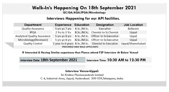 Job Availables, Sri Krishna Pharmaceuticals Ltd – Walk-In Interviews for QC / QA / IPQA / AQA / Microbiology