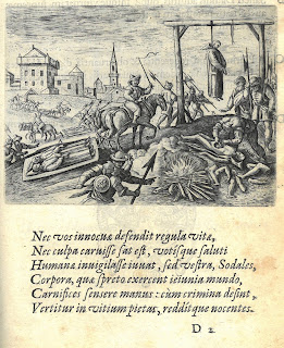 Engraving depicting a scene of violence. A monk is shown being hung while a fire is built to burn bodies.