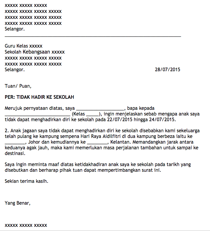 Contoh Surat Rasmi Tidak Hadir Ke Sekolah Kerana Balik Kampung Ndang