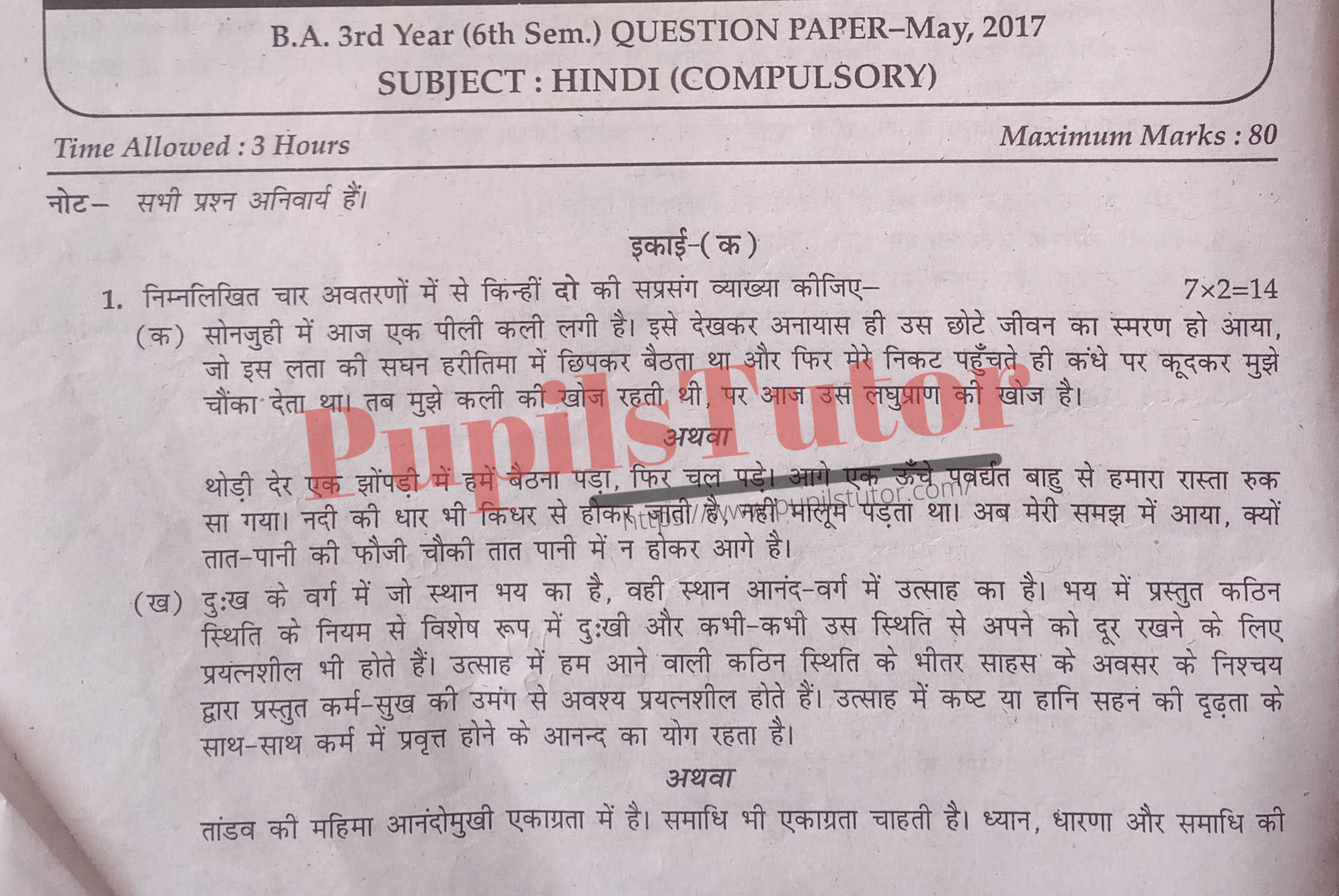 KUK (Kurukshetra University, Kurukshetra Haryana) BA Semester Exam Sixth Semester Previous Year Hindi Question Paper For May, 2017 Exam (Question Paper Page 1) - pupilstutor.com