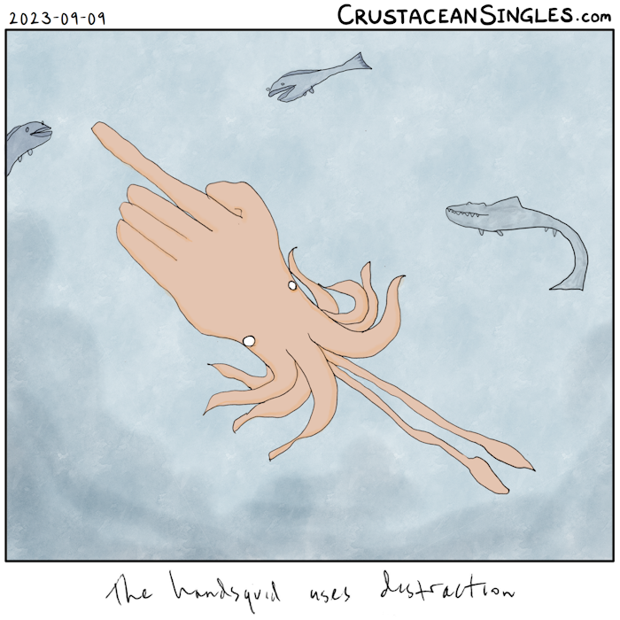 Pictured: a squid whose upper body is in the shape of a giant hand, which is pointing behind it with its index finger. Two fish and a shark look at the finger or in the direction it is pointing. Caption: The handsquid uses distraction.