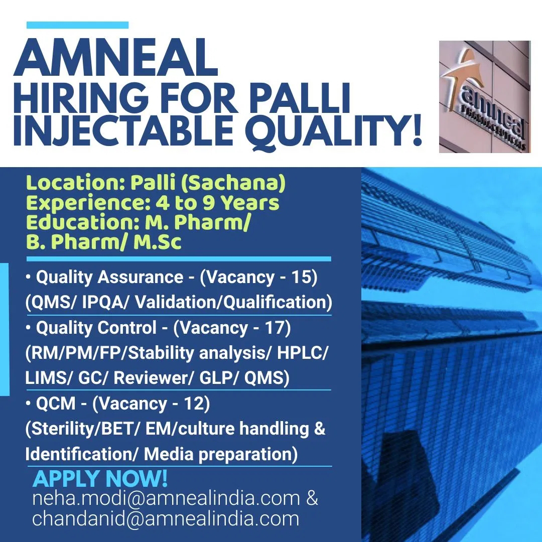 Job Availables, Amneal Pharmaceuticals Ltd Job Opening For M.Pharma/ B.Pharma/ Msc - QA/ QC/ QCM Dept