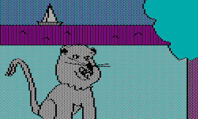 Image from the 1980 Sierra game, the Wizard and the Princess, showing a lion by the shore.