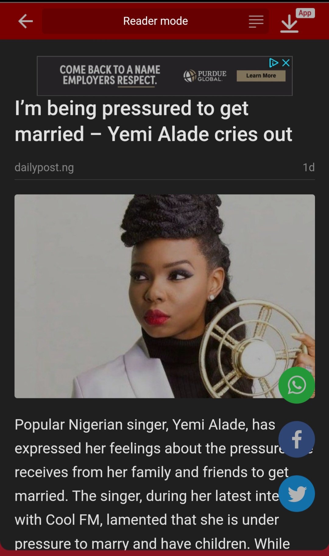 Nigerian Afrobeats singer, Yemi Eberechi Alade, professionally known as, Yemi Alade