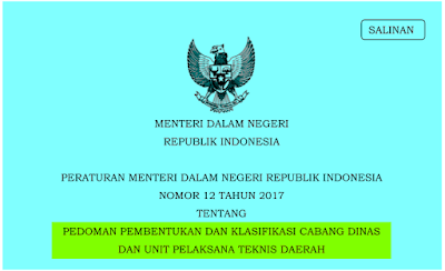 Permendagri nomor 12 tahun 2017; Pedoman Pembentukan dan Klasifikasi Cabang Dinas dan UPTD