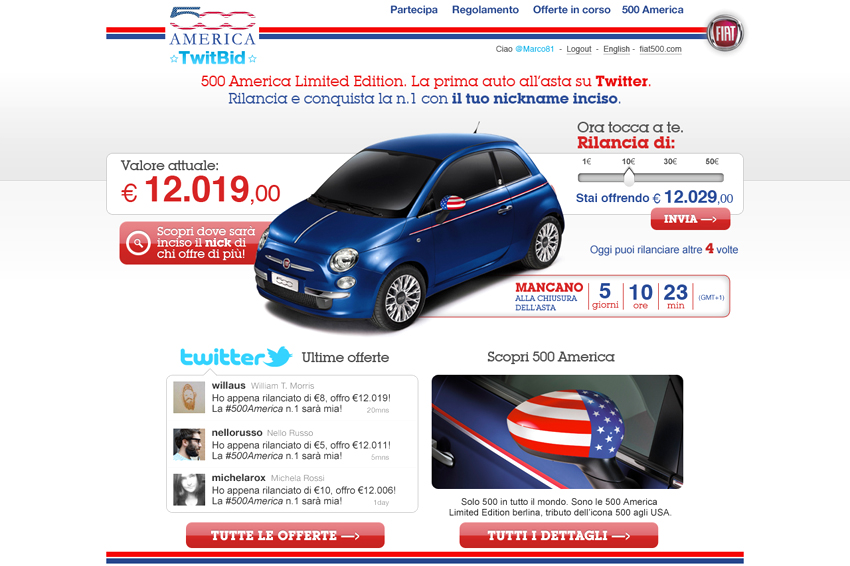 Fiat is opening TwitBid to launch the 500 America the exclusive limited 