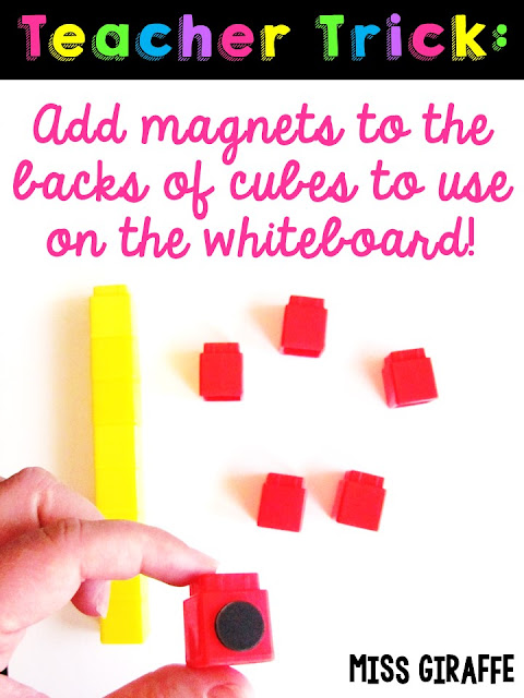 Add magnets to the back of math cubes to use for teaching on the whiteboard. Click for a ton more math teaching tricks!