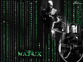 Matrix image featuring Morpheus, Trinity and Neo against coding background 