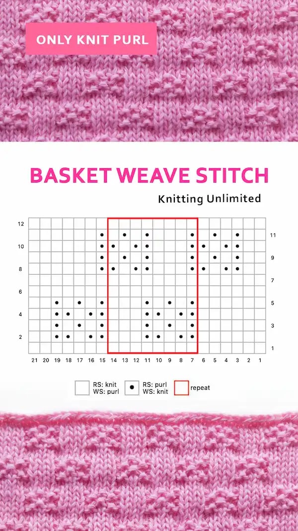 To knit the basket weave stitch pattern, follow this chart