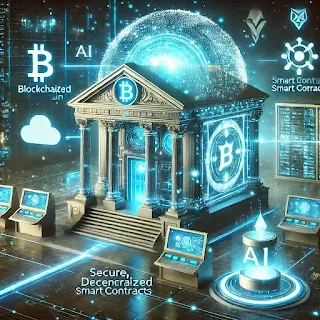 Alt Text: A futuristic bank with AI and blockchain technology, featuring digital currency symbols.