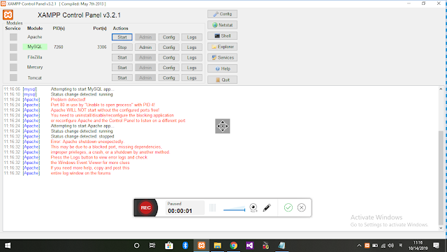 Error: Apache shutdown unexpectedly. 11:49:18  [Apache]  This may be due to a blocked port, missing dependencies,  11:49:18  [Apache]  improper privileges, a crash, or a shutdown by another method. 11:49:18  [Apache]  Press the Logs button to view error logs and check 11:49:18  [Apache]  the Windows Event Viewer for more clues 11:49:18  [Apache]  If you need more help, copy and post this 11:49:18  [Apache]  entire log window on the forums