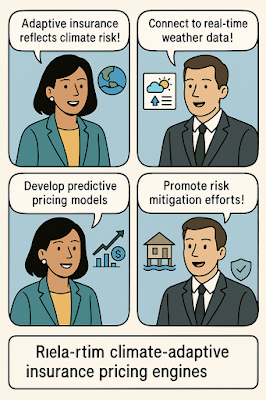 English alt text: “A four-panel digital illustration in comic strip format explains climate-adaptive insurance pricing. Panel 1: A woman says, ‘Adaptive insurance reflects climate risk!’ with a globe icon. Panel 2: A man says, ‘Connect to real-time weather data!’ next to a weather chart. Panel 3: The woman says, ‘Develop predictive pricing models,’ with a graph and dollar sign. Panel 4: The man says, ‘Promote risk mitigation efforts!’ with a house on floodwaters and a shield icon.”