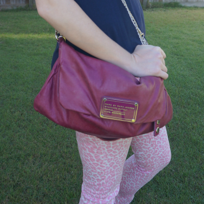 pink leopard print jeans, thrifted Marc by Marc Jacobs Dr Q Convertible clutch in electric violet | awayfromtheblue