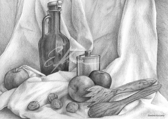 Graphite pencil portrait of a still life with a glass bottle, apples, walnuts, wooden cutlery and curtain