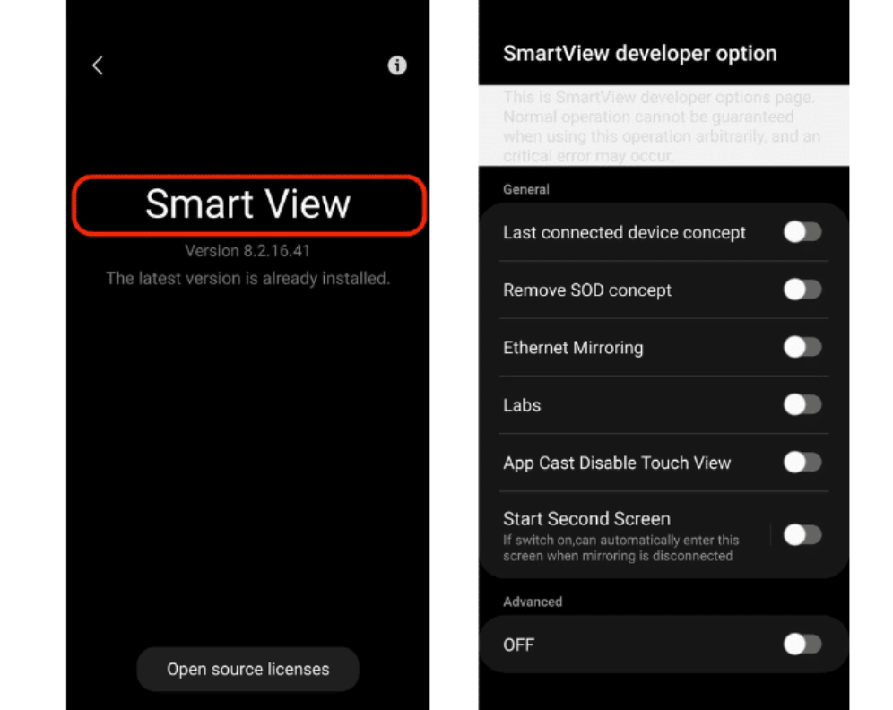 Click on the word Smart View to display the Smart View developer options menu on a new page.