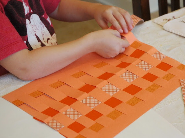 Halloween craft for kids, fine motor paper weaving jack-o-lantern