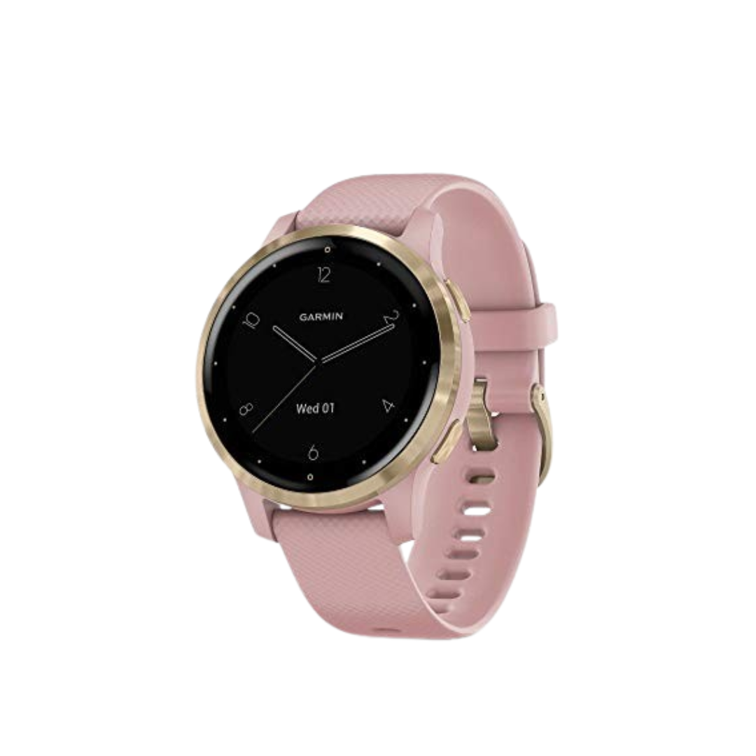 The Garmin 010-02172-31 The Vivoactive 4S is a smaller-sized GPS wristwatch with features including music, pulse oximetry sensors, animated workouts, and body energy monitoring. Watches in light gold with light pink bands