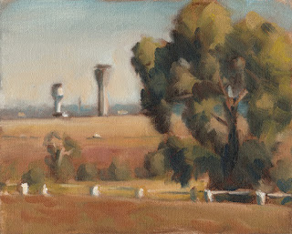 Landscape oil painting of a eucalypt beside open paddocks with distant control towers.