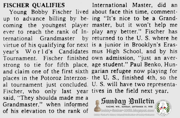 Bobby Fischer Qualifies for Rank of International Grand Master in Chess