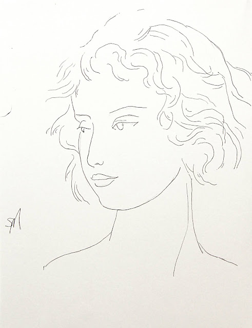 Head of a young woman, line drawing by Sarah Myers