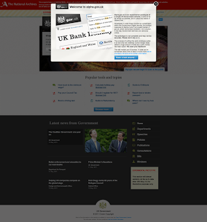 Alphagov test site - the upper half of Alphagov shows links to government services, and the bottom half showed links to news from government and pages about the government's structure. 