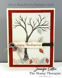 Happy Thanksgiving card using Stampin' Up!®'s Life is Beautiful stamp set plus Banner Year.  The designer paper is Gilded Autumn.  The punch is Banners Pick a Punch. The ribbon is the Early Espresso Faux Suede Ribbon and Linen Thread.  #StampinUp #StampTherapist