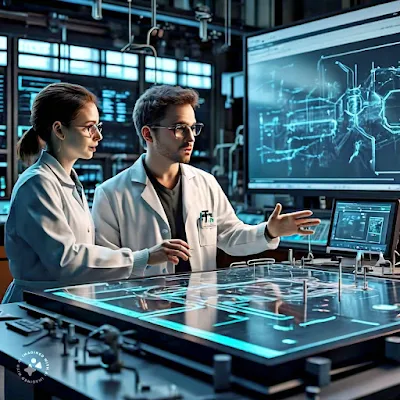 two individuals in a high-tech laboratory setting. They are facing a large digital screen and an interactive table display, which suggests they are engaged in a discussion or analysis.