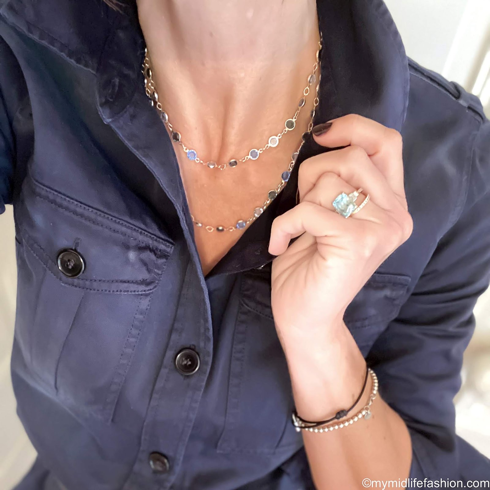 my midlife fashion, eternal jewellery pacific blue crystal 36 inch silver tone beaded necklace, Isabel Marant Etoile cotton overshirt