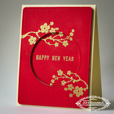 Handmade red and gold card for Chinese Lunar new year, using Inkadinkadoo stamps. Heat embossing with gold on red textured cardstock