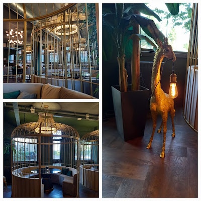 Collage van de eetzaal, een kooi van binnen en buiten. Giraffe met lamp in z'n bek