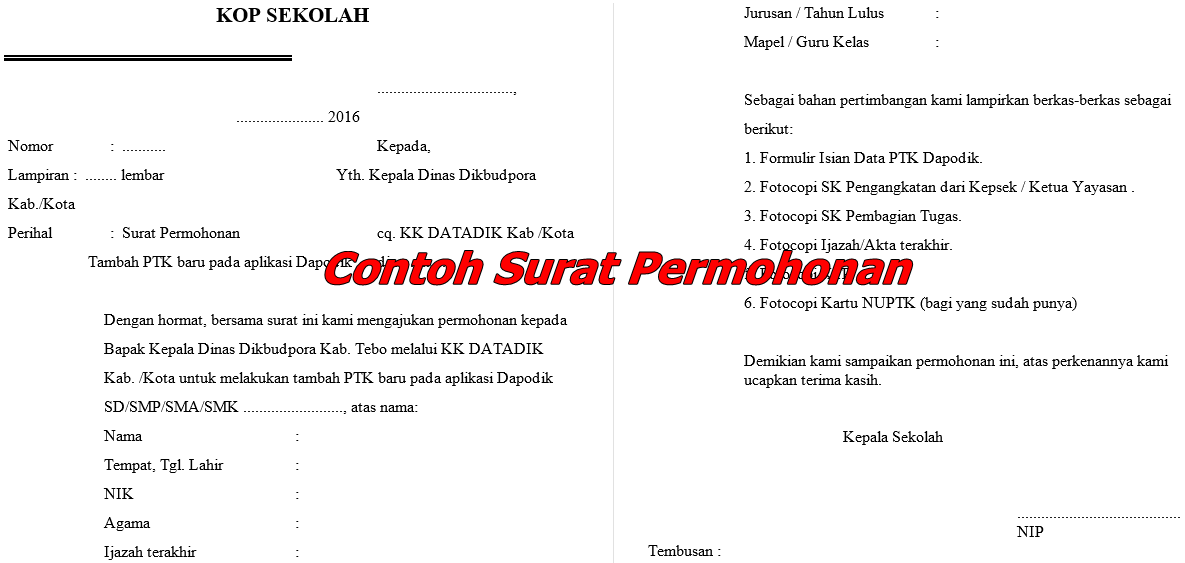 Contoh Surat Permohonan Penambahan PTK Data Dapodik 2016 