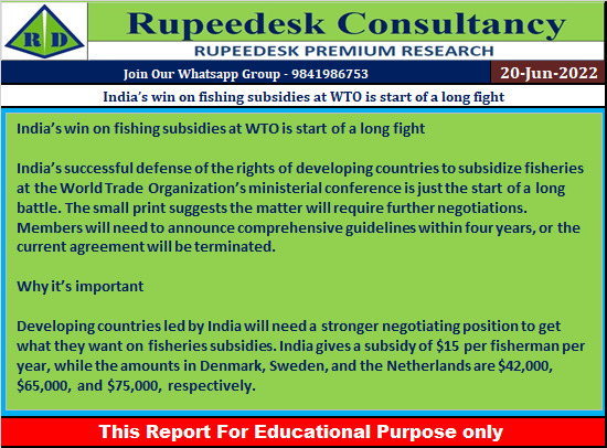 India’s win on fishing subsidies at WTO is start of a long fight - Rupeedesk Reports - 20.06.2022