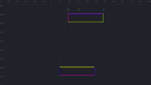 A screenshot showing some "good" potential jump/land positions between two floor surfaces.