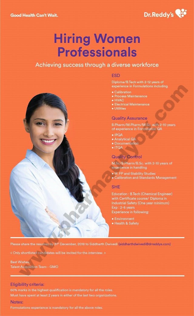 Dr.Reddy's | Hiring Women Associates for Multiple Departments | Hyderabad | Send CV