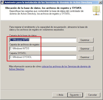 ubicación de la base de datos, los archivos de registro y SYSVOL