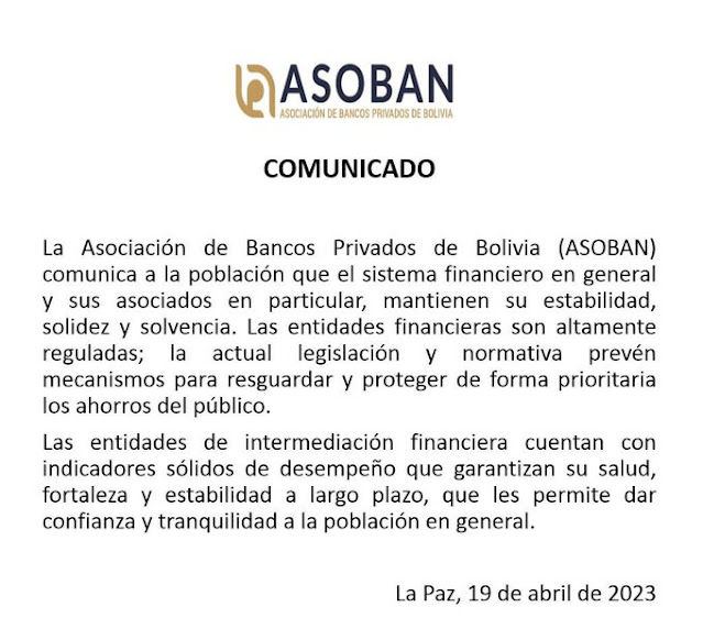 Comunicado de ASOBAN sobre la situación de Sistema Financiero Boliviano