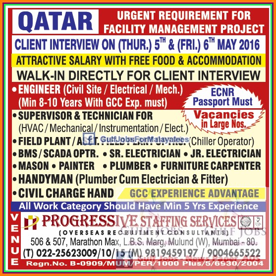 Large job vacancies for facility management company Qatar