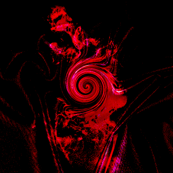 Neon red smoke with a spiral in the middle