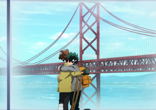 Izuku and Rody hugging, a large bridge in the background.