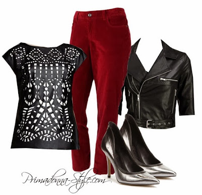 Catherine Malandrino for DesigNation Laser-Cut Faux-Leather Top  SONOMA life + style Modern Fit Skinny Corduroy Pants  bebe cropped Leather Jacket  Rock & Republic Pewter High Heels