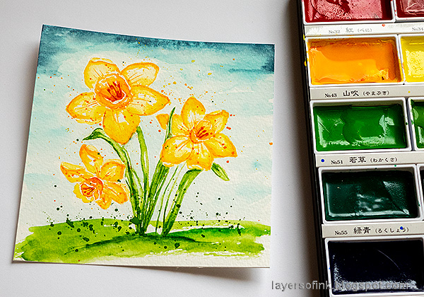 Layers of ink - Watercolor Daffodils Tutorial by Anna-Karin Evaldsson. Add splatters.