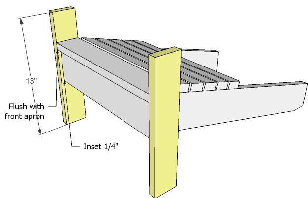 Attach the seat slates with 1 1/4″ screws and glue as shown above.