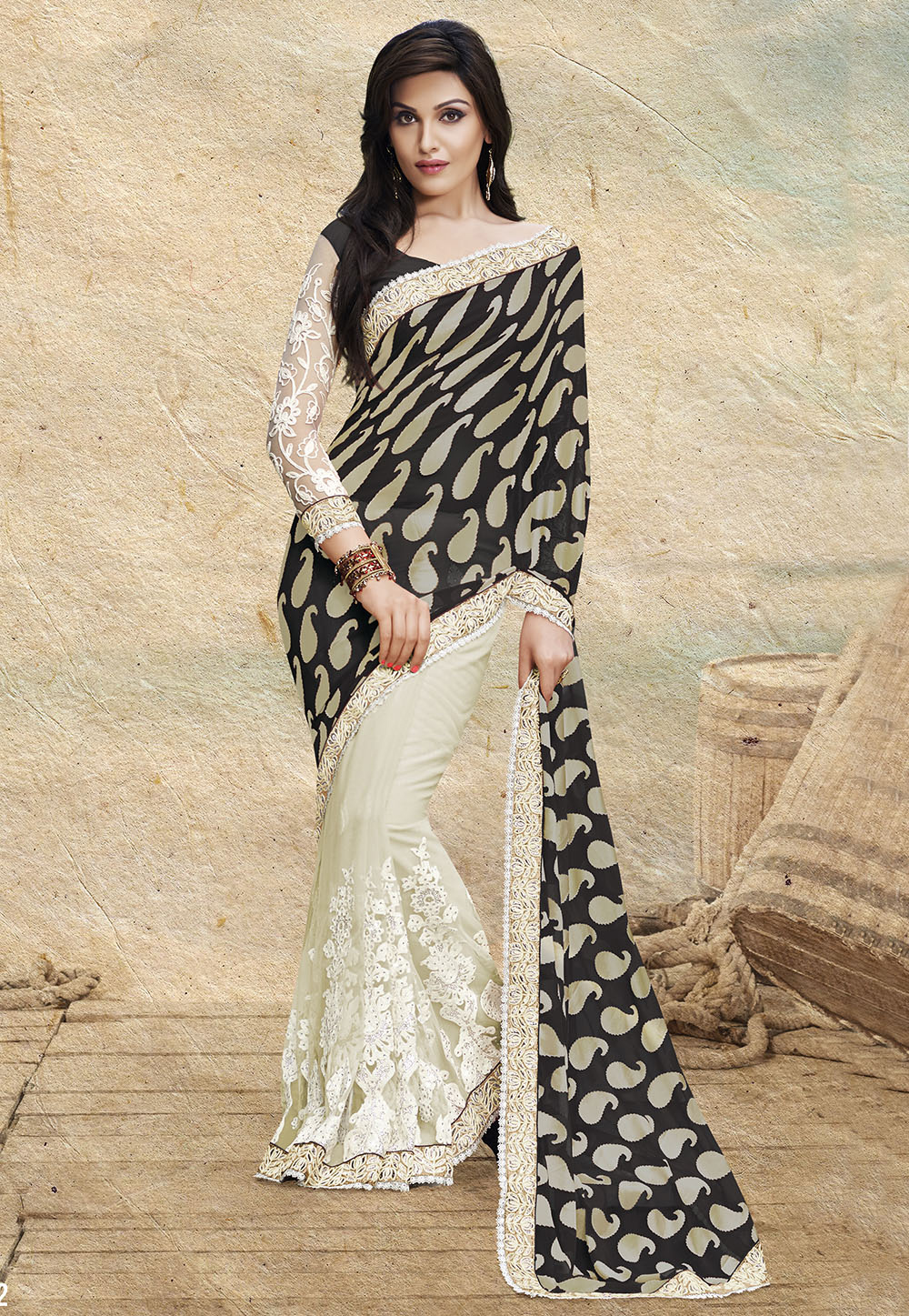 Black and Off White Faux Georgette Brasso and Net Saree